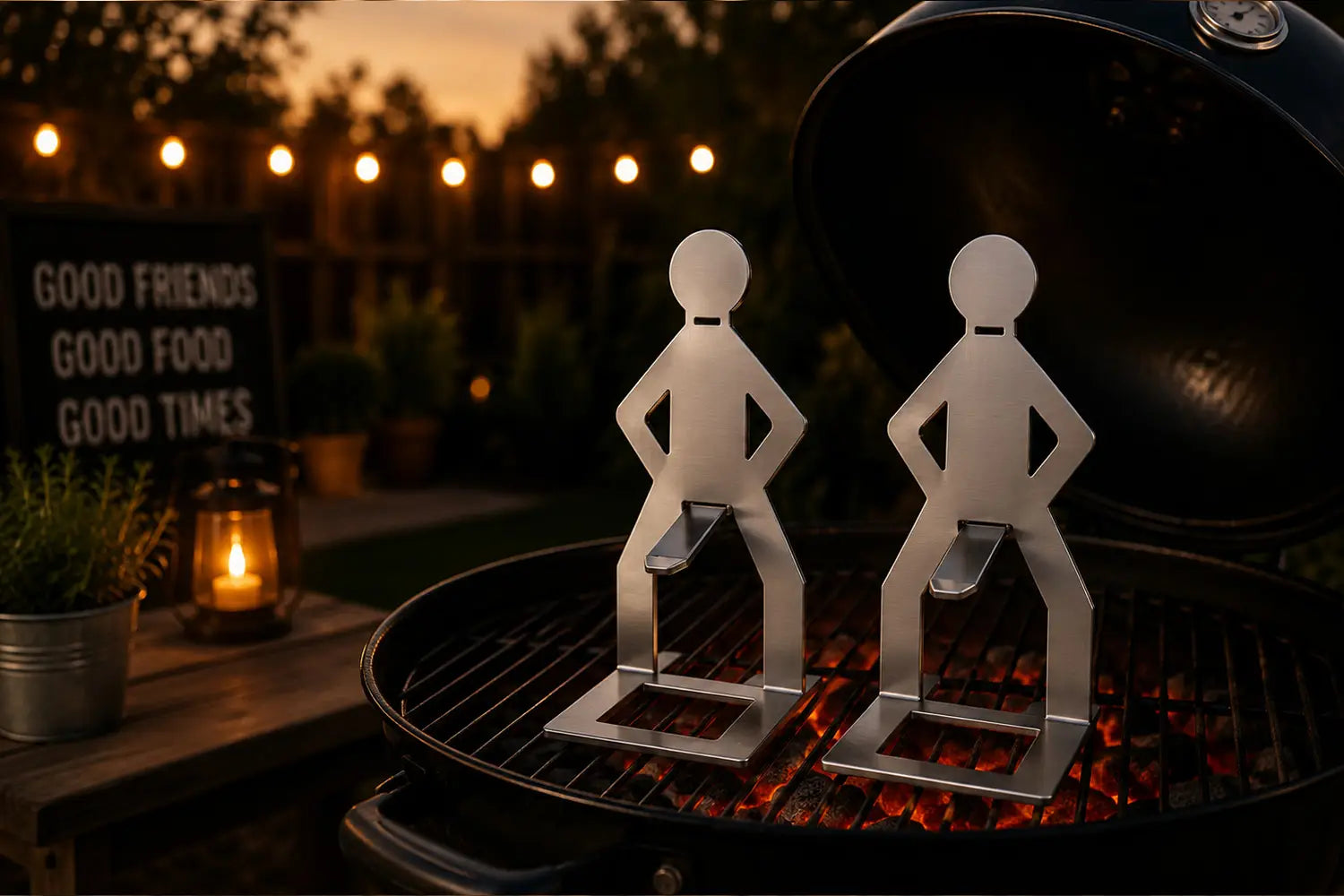 MeatRider Bratwursthalter 2er Set aus Edelstahl auf einem Kugelgrill bei stimmungsvoller BBQ-Atmosphäre als originelles Grillzubehör für Bratwürste.