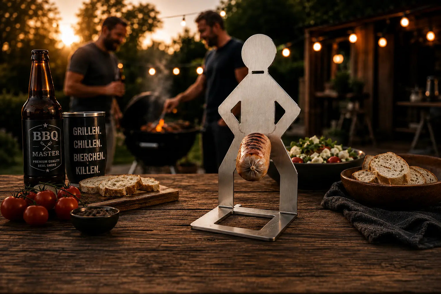 MeatRider Bratwursthalter aus Edelstahl mit gegrillter Bratwurst bei einer BBQ-Gartenparty als praktisches Grillzubehör für gleichmäßiges Grillen.