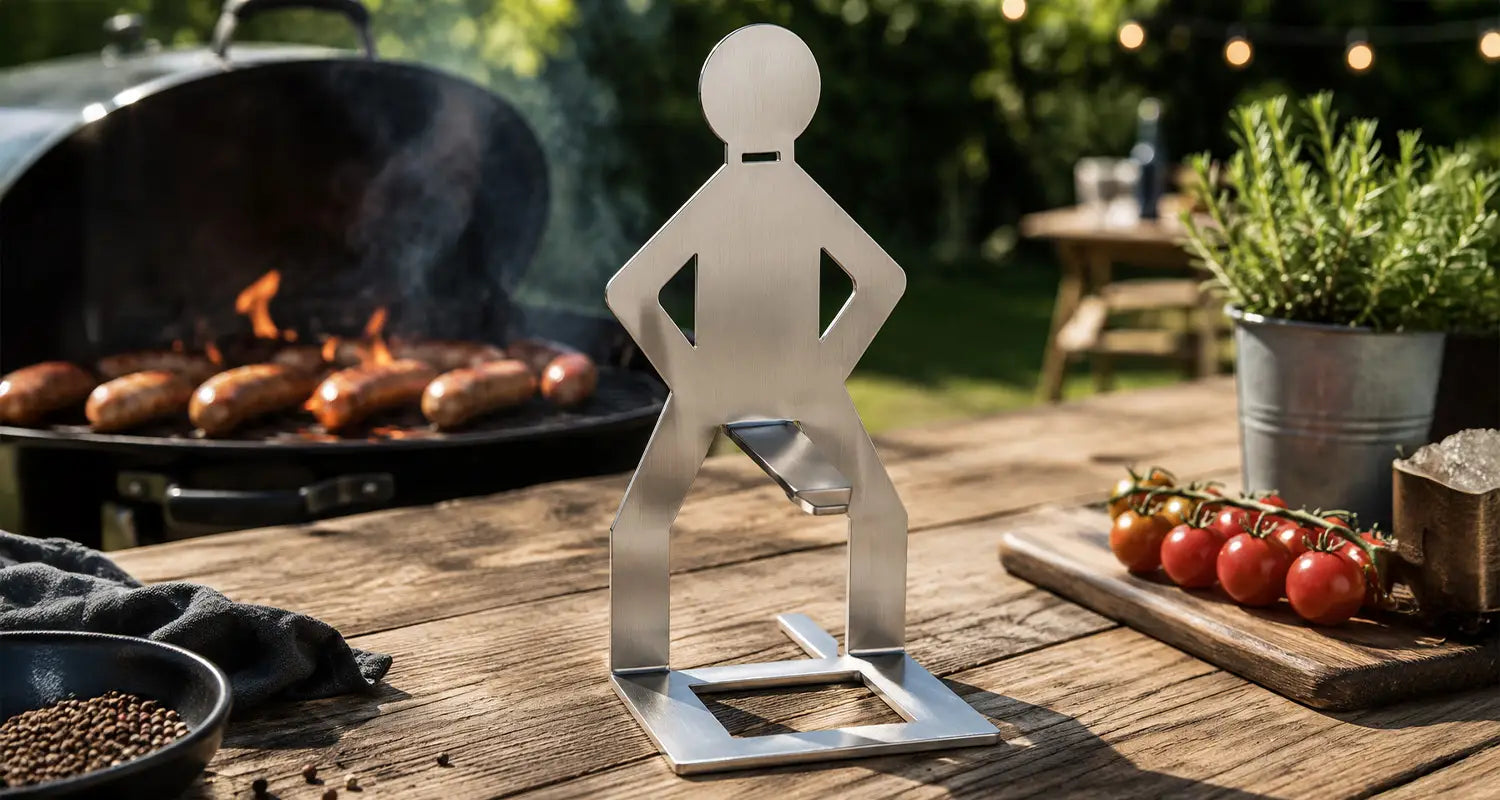 MeatRider Bratwursthalter aus Edelstahl auf einem BBQ-Tisch mit Grill im Hintergrund als stabiles Grillzubehör für perfekt gegrillte Bratwürste.