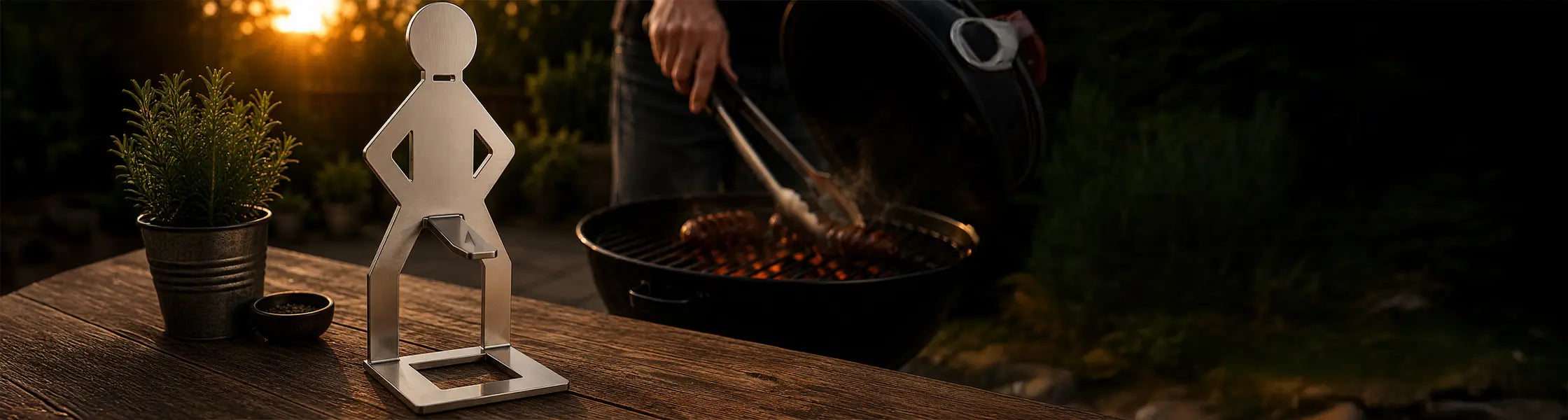MeatRider Bratwursthalter aus rostfreiem Edelstahl auf einem Holztisch vor einem Kugelgrill bei Sonnenuntergang – hochwertiges BBQ-Zubehör für Grillfans und perfekte Bratwürste.