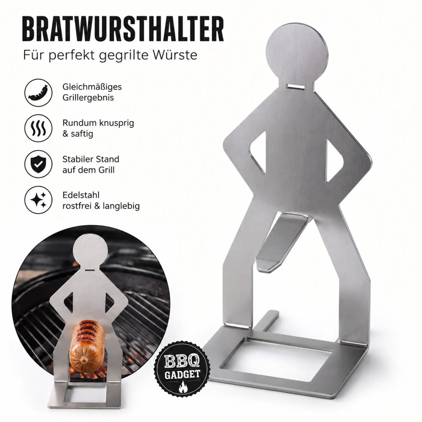 MeatRider Bratwursthalter aus Edelstahl mit Produktvorteilen für gleichmäßig gegrillte, knusprige Bratwürste auf dem Grill