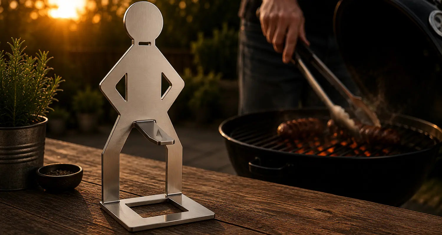 MeatRider Bratwursthalter aus Edelstahl als hochwertige Grillhilfe vor einem Kugelgrill während eines gemütlichen Grillabends im Garten.